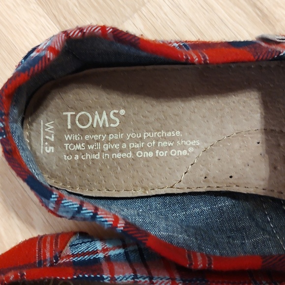 Toms Womens Classic Alpargata Slip-Ons Red and Blue Cozy Plaid Flannel Sz 7½ 7.5 - Picture 10 of 10